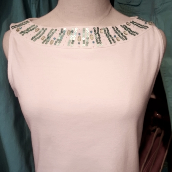CLOTHING COVE ♡ Aqua Embellished Sequenced Bling Shoulder Line Sleeveless Top PM - Picture 3 of 14
